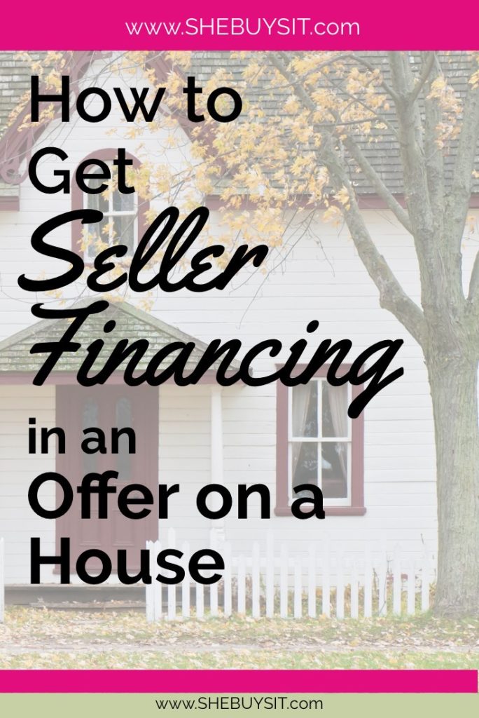 pinnable image of white house with maroon door in background, "How to Get Seller Financing in an Offer on a House"