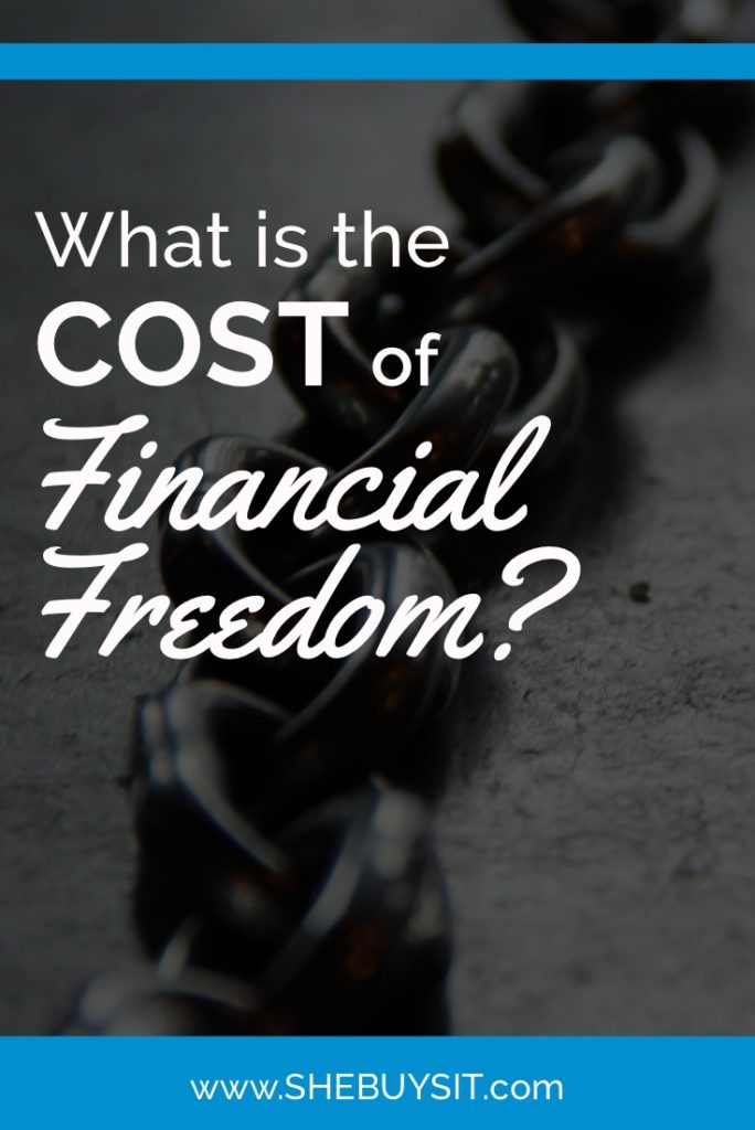 chains with words "What is the cost of financial freedom?" that represents the bondage to the 9-5 JOB