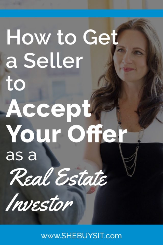 Woman in conversation; Pin image title "How to get a seller to accept your offer as a real estate investor"