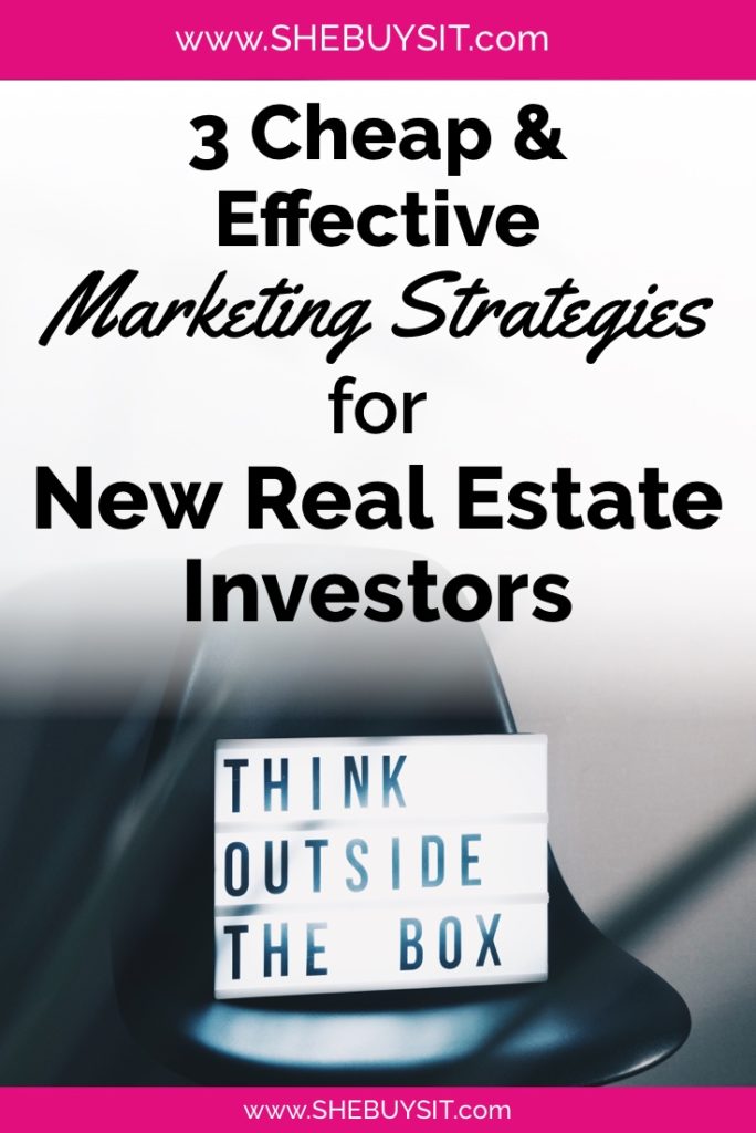 chair with sign; "3 Cheap and Effective Marketing Strategies for New Real Estate Investors"